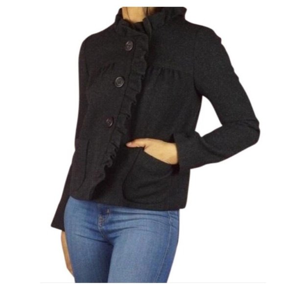 J Crew Womens Luxe Donegal Fiona Ruffles Jacket Gray Pockets Lined‎ Wool 0 - Picture 1 of 8